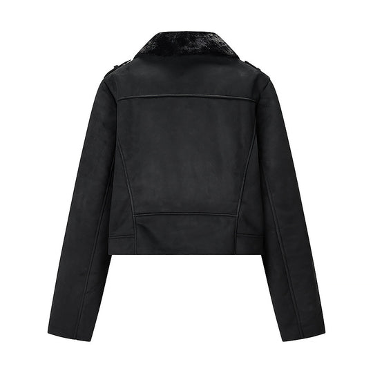 Damen Kurze Bikerjacke mit Kunstfellkragen und Wildlederoptik Nord Taschen