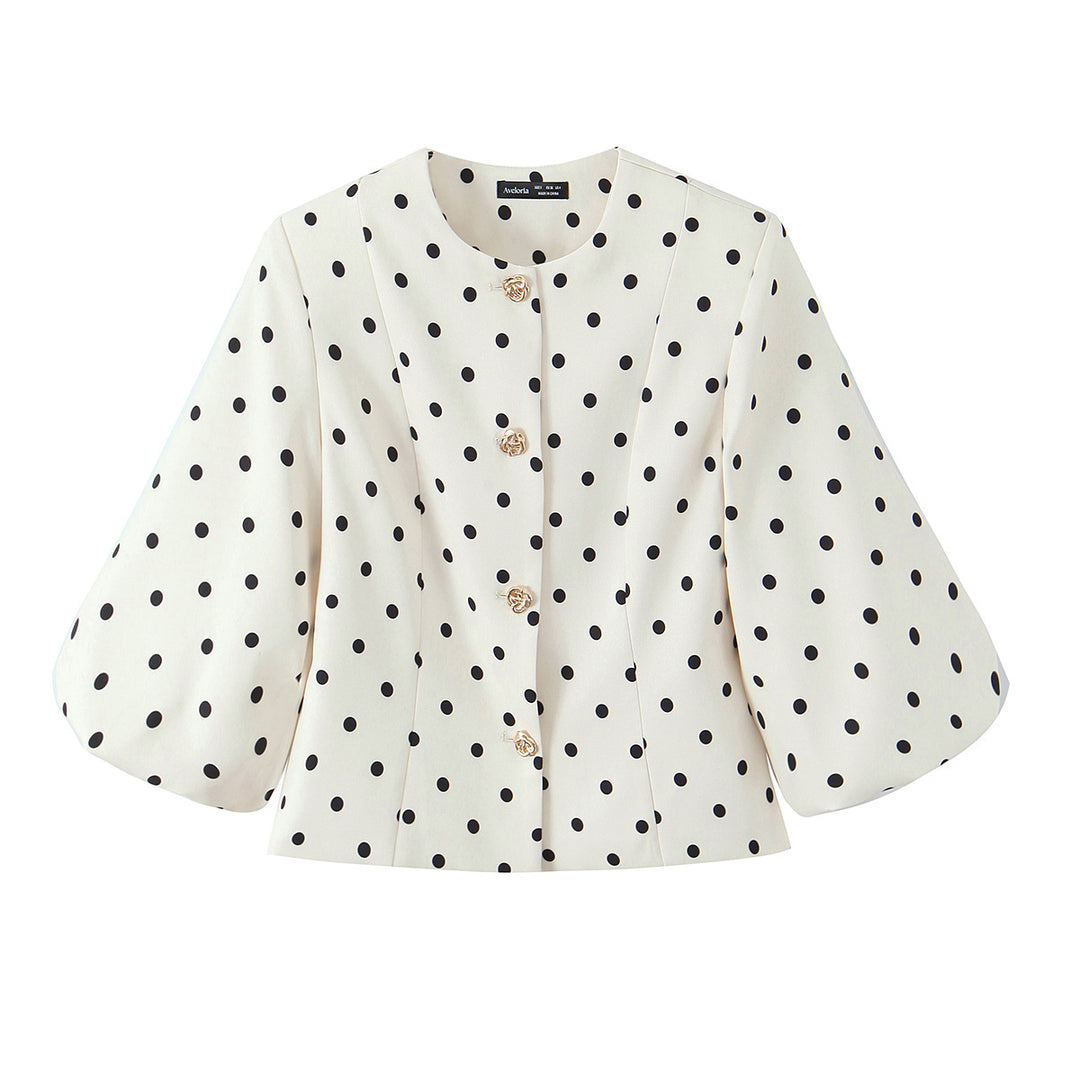 Damen Taillierte Polka‑Dot Blusenjacke mit Volumenärmeln und goldenen Schmuckknöpfen Nord Taschen