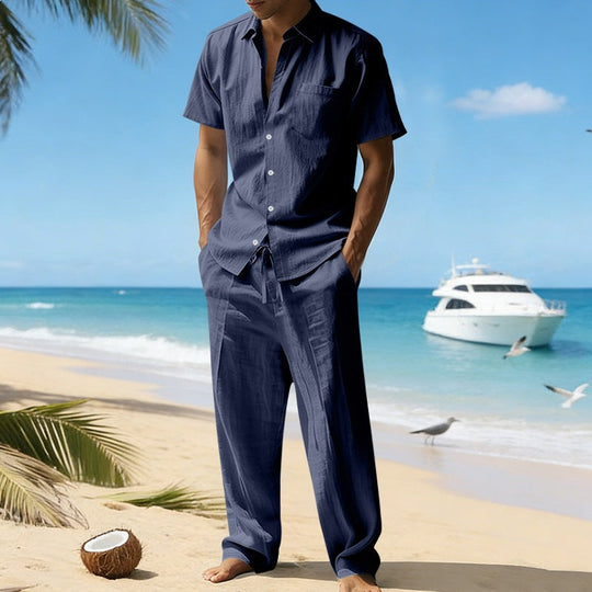 Herren nan resort-taugliches Kurzarm-Hemd mit Brusttasche und lässiger Leinen-Kordelhose