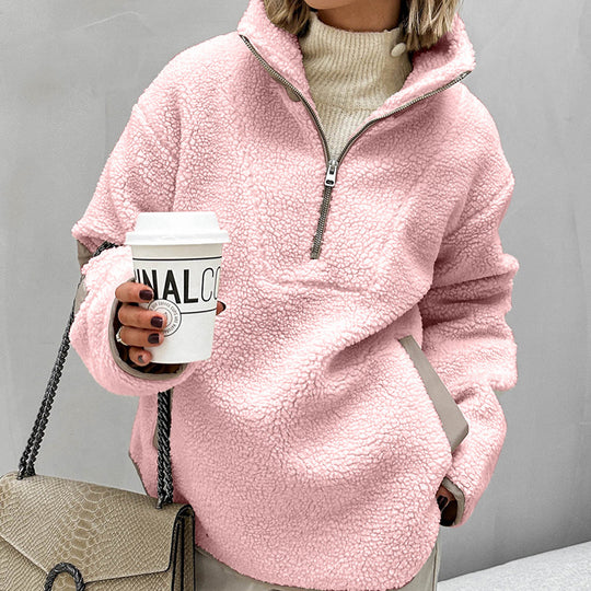 Damen Oversized Sherpa-Fleece Pullover mit halbem Reißverschluss und Kängurutasche Nord Taschen