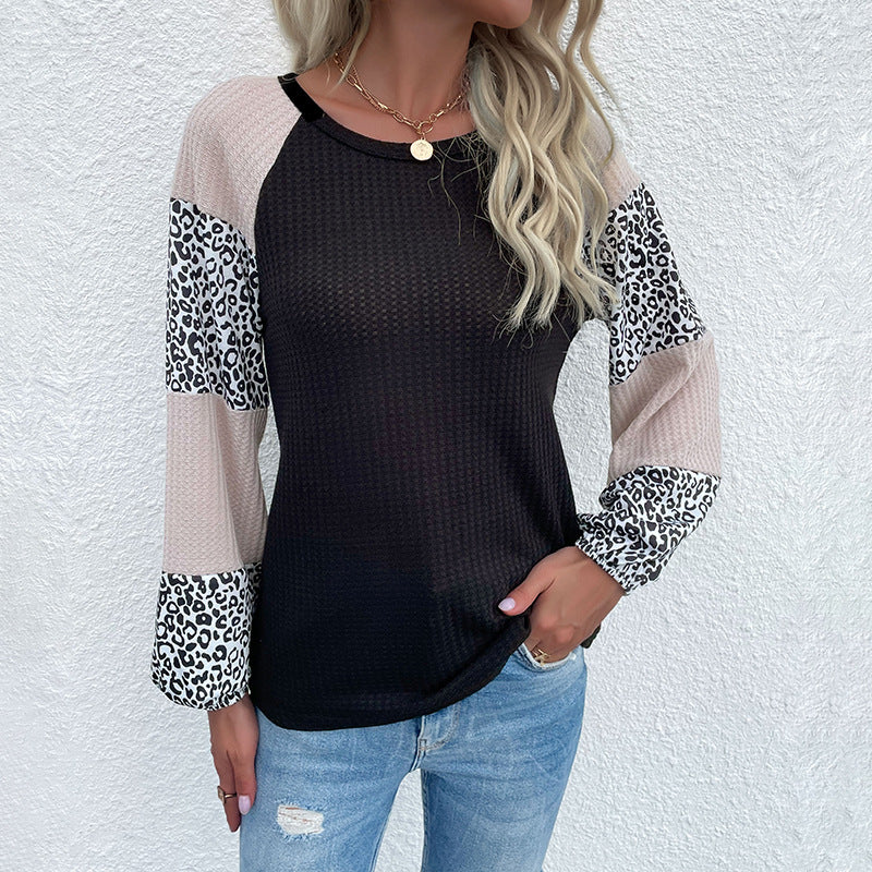 Damen Raglan-Langarmshirt aus Waffeljersey mit Colorblock-Ärmeln und Leoparden-Details Nord Taschen