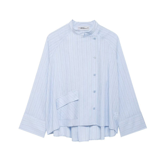 Damen Oversize-Hemdbluse mit Stehkragen, asymmetrischer Knopfleiste und hohem Saum Nord Taschen