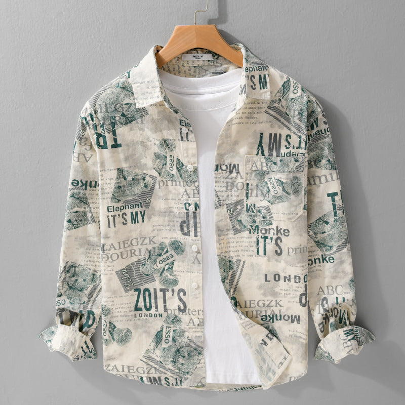 Herren Overshirt aus Baumwoll‑Leinen mit typografischem Zeitungsprint und Relaxed‑Fit Nord Taschen