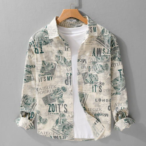 Herren Overshirt aus Baumwoll‑Leinen mit typografischem Zeitungsprint und Relaxed‑Fit Nord Taschen