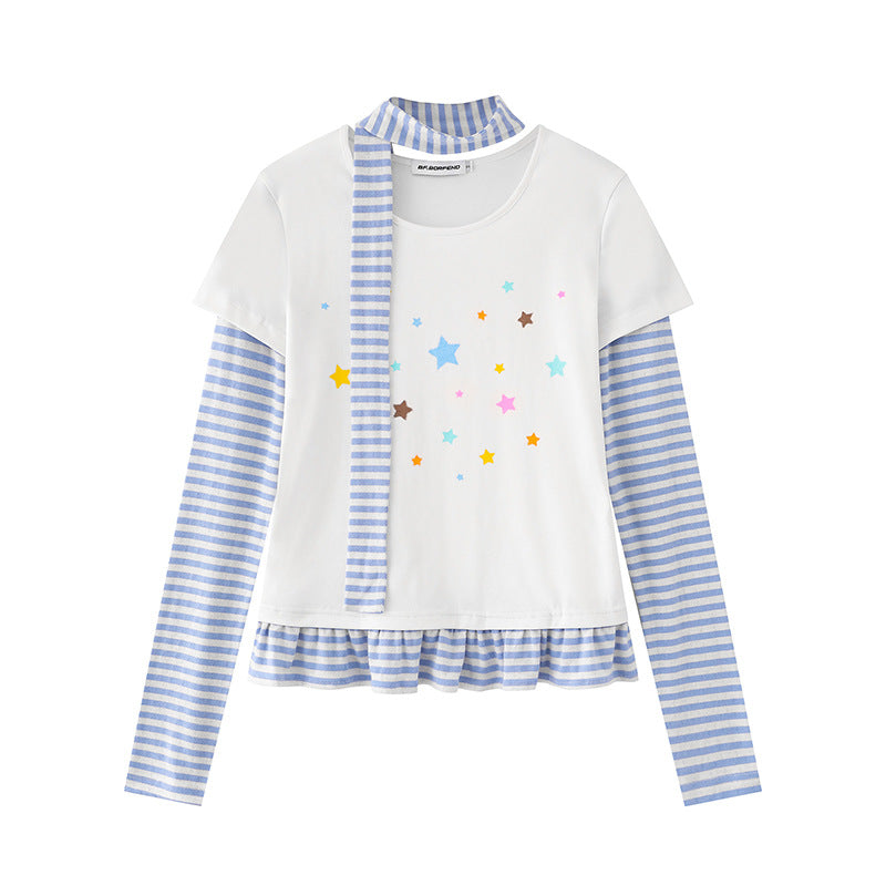 Damen Lagen-Langarmshirt mit Streifen-Ärmeln, Sternenprint, Volant-Saum und Schal-Detail Nord Taschen