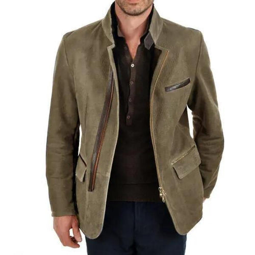 Herren Veloursleder-Fieldjacke im Fliegerstil mit Stehkragen, asymmetrischem beidseitig öffnendem Reißverschluss und kontrastierenden Lederbesätzen Nord Taschen