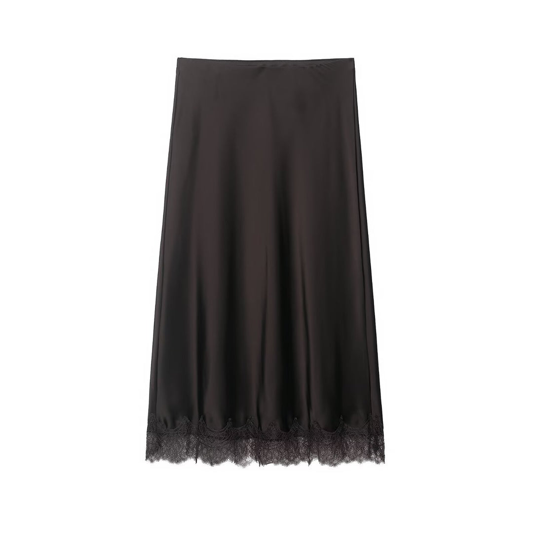 Damen Langer Satinrock mit feiner Spitze am Saum und leichter A-Linien-Silhouette Nord Taschen