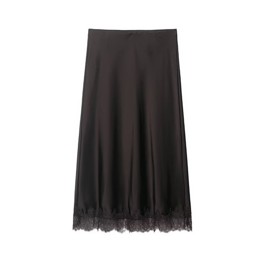 Damen Langer Satinrock mit feiner Spitze am Saum und leichter A-Linien-Silhouette Nord Taschen