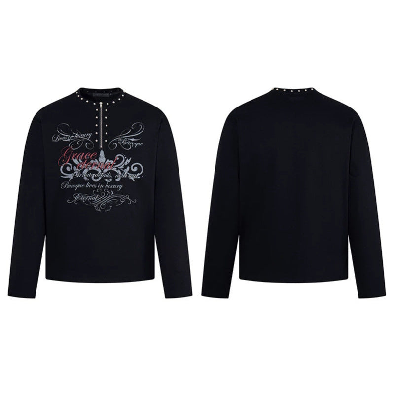 Damen Langarmshirt mit Halb-Reißverschluss, Nietenkragen und Barock-Schriftprint Nord Taschen