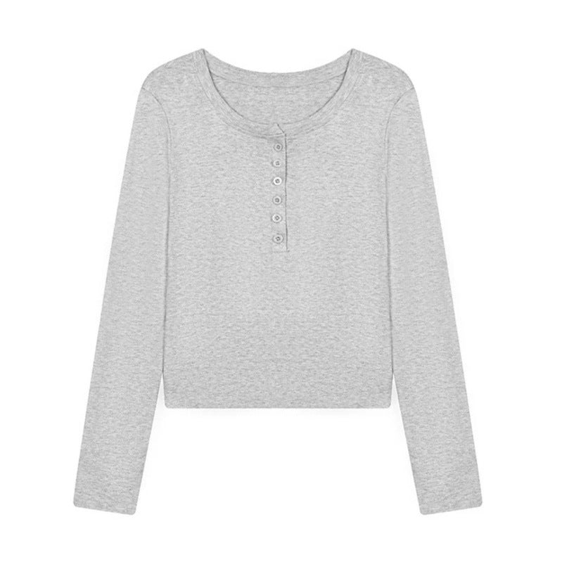 Damen Kurz geschnittenes Henley Langarmshirt aus Baumwolljersey mit Knopfleiste Nord Taschen