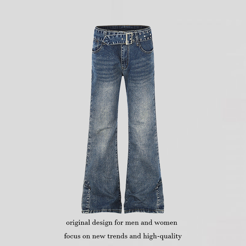 Damen High-Waist Flared-Denimjeans mit Nietenbesatz, weitem Schlag und Ziergürtel Nord Taschen