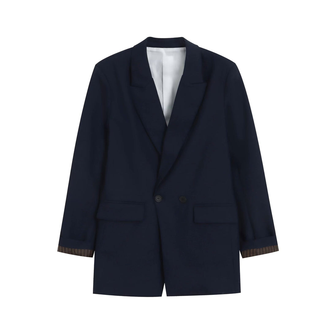 Damen Doppelreihiger Longblazer mit aufgesetzten Taschen und Umschlagärmeln Nord Taschen