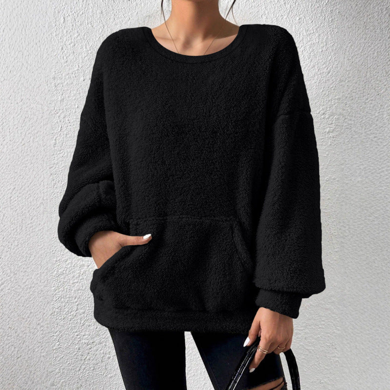Damen Kuscheliger Oversize-Sherpa-Pullover mit Kängurutasche und Ballonärmeln Nord Taschen