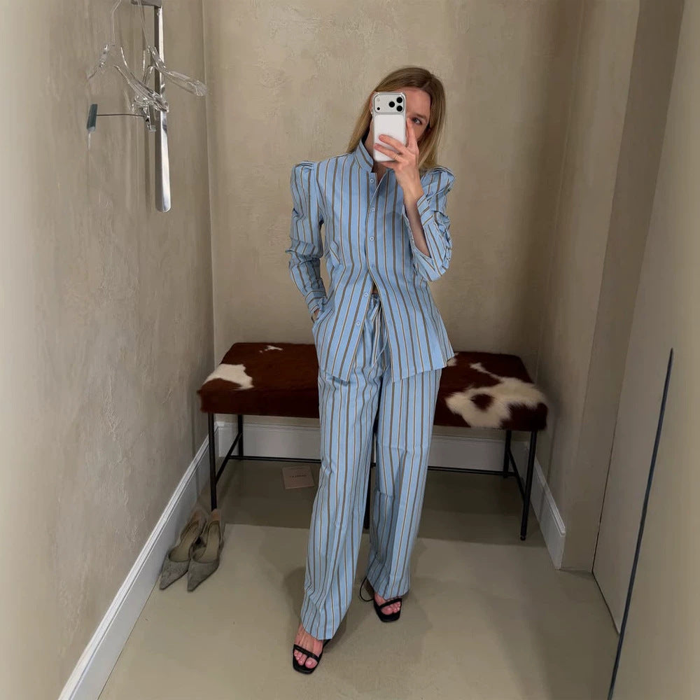 Damen Gestreifter Loungewear-Zweiteiler mit taillierter Hemdbluse und weiter Bundhose Nord Taschen