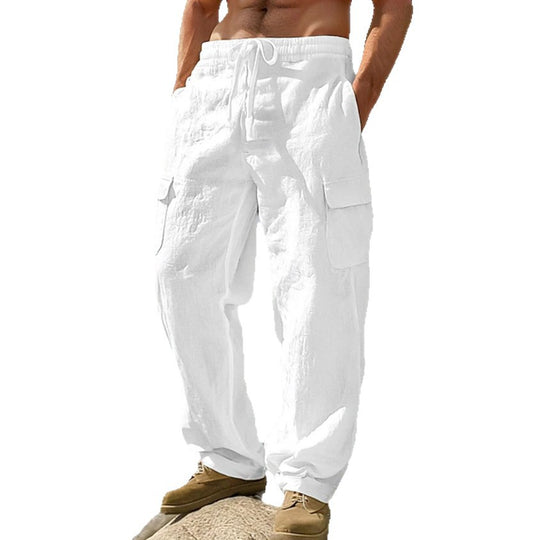 Herren weite Casual-Cargohose aus Leinen-Baumwollmix mit Elastikbund, Tunnelzug und großen Pattentaschen Nord Taschen