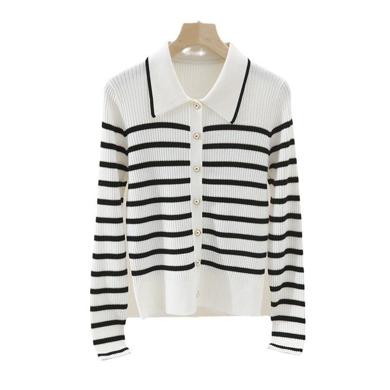 Damen Marin-inspiriertes Rippenstrick-Cardigan mit Polokragen und Zierknopfleiste Nord Taschen