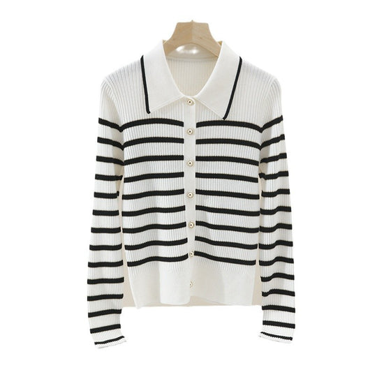 Damen Marin-inspiriertes Rippenstrick-Cardigan mit Polokragen und Zierknopfleiste Nord Taschen