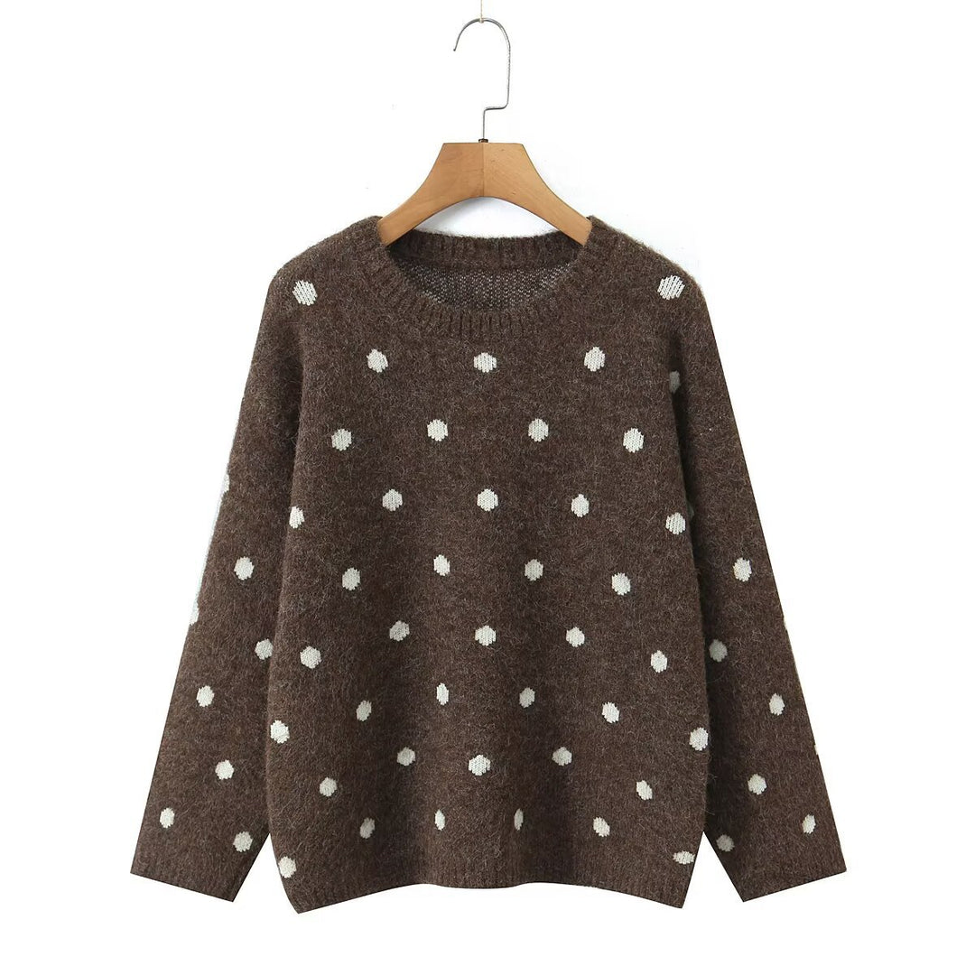 Damen Gepunkteter Oversize-Strickpullover mit Rundhalsausschnitt Nord Taschen