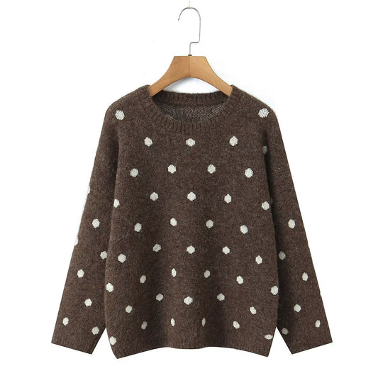 Damen Gepunkteter Oversize-Strickpullover mit Rundhalsausschnitt Nord Taschen