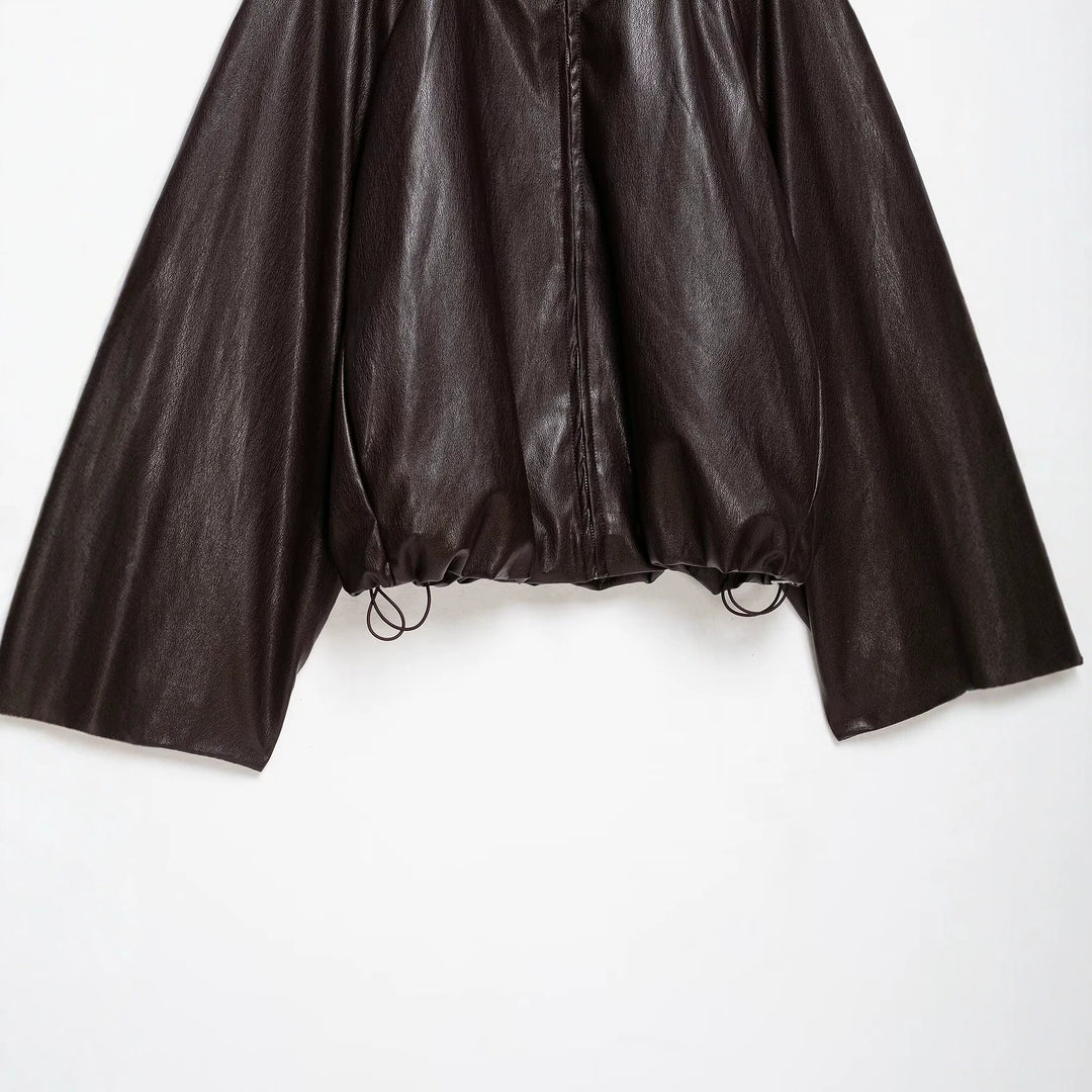 Damen Oversize Jacke im Lederlook mit hohem Funnelkragen, Raglanärmeln und Tunnelzugsaum Nord Taschen