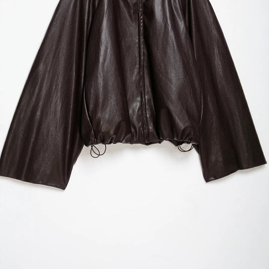 Damen Oversize Jacke im Lederlook mit hohem Funnelkragen, Raglanärmeln und Tunnelzugsaum Nord Taschen