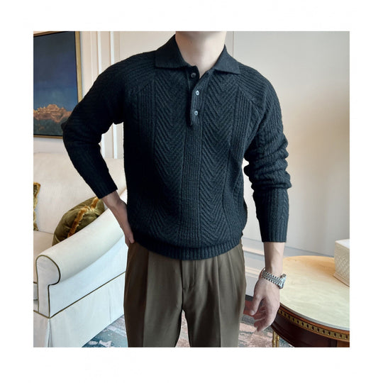 Herren Polokragen-Zopfstrick-Pullover mit halber Knopfleiste Nord Taschen