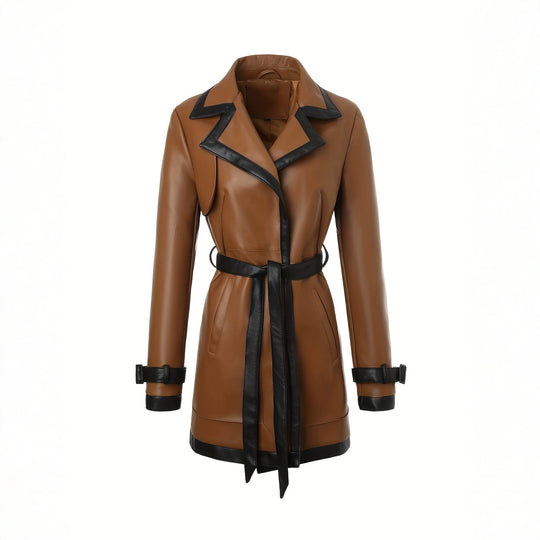Damen taillierter Kunstleder-Trenchcoat mit kontrastbesatz und Bindegürtel Nord Taschen