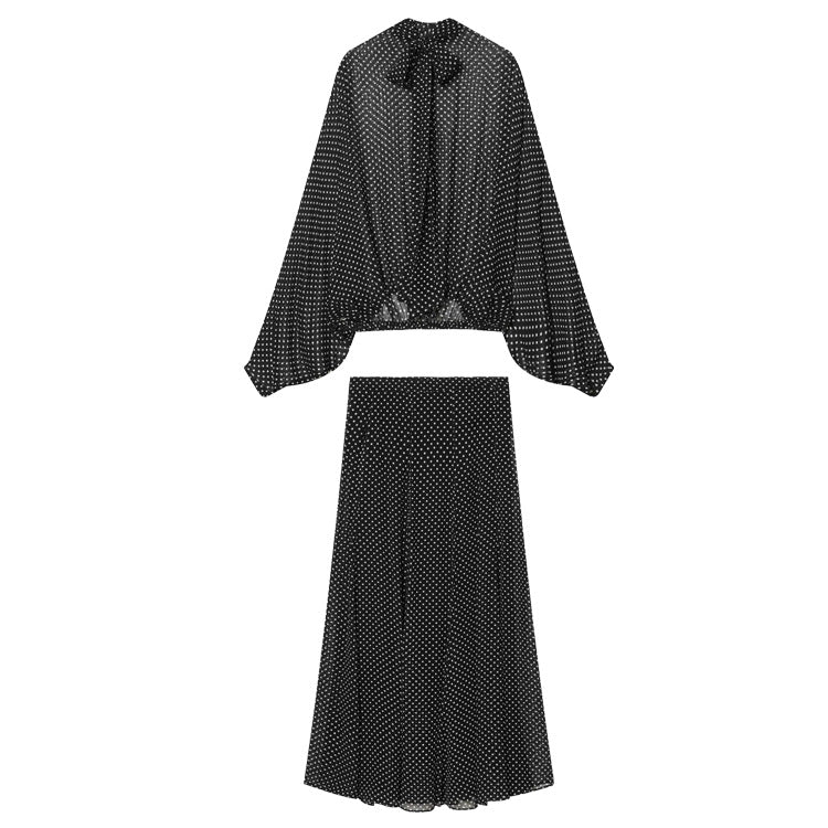 Damen Zweiteiliges Set aus leichtem Chiffon mit weitem Midirock und Ballonärmel-Bluse mit Schleifenkragen Nord Taschen