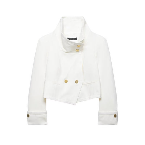 Damen Cropped Doppelreiher-Blazer mit hohem Stehkragen und Zierknöpfen Nord Taschen