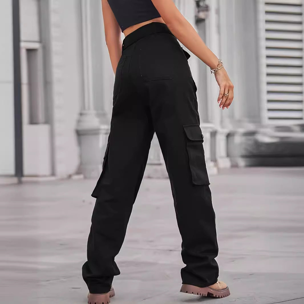 Damen Cargo-Hose mit hoher Taille, Bindegürtel und Mehrfach‑Pattentaschen Nord Taschen