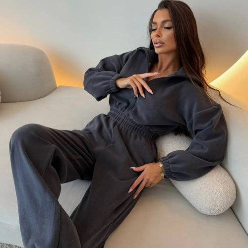 Damen eleganter Lounge-Overall mit elastischer Taillenpartie, Stehkragen, Reißverschluss und weitem Bein Nord Taschen