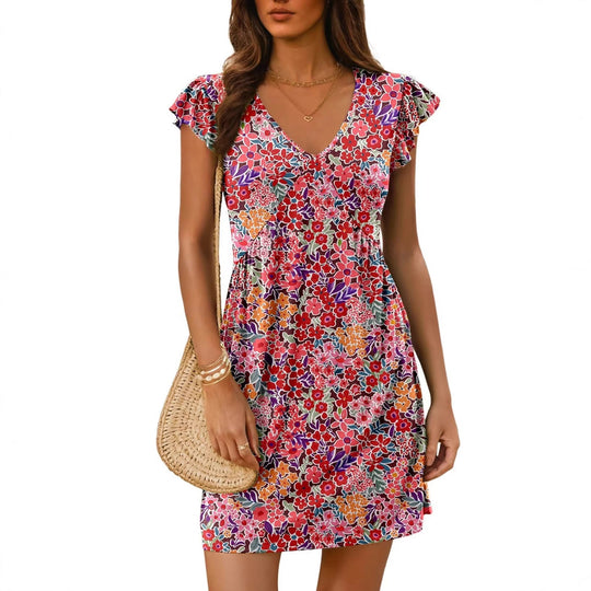 Damen luftiges sommerliches Kleid mit floralem Muster und V-Ausschnitt