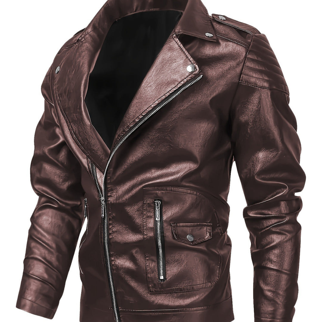 Herren Asymmetrische Bikerjacke aus Kunstleder mit gesteppten Schulterpaddings und Utility‑Taschen Nord Taschen