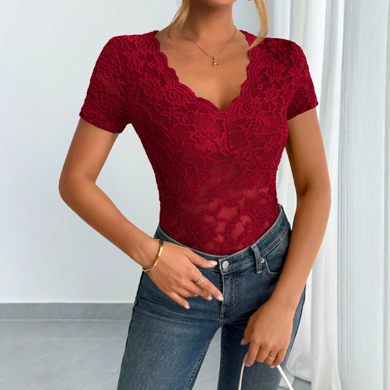 Damen Spitzen-Bodysuit mit dekorativem V-Ausschnitt