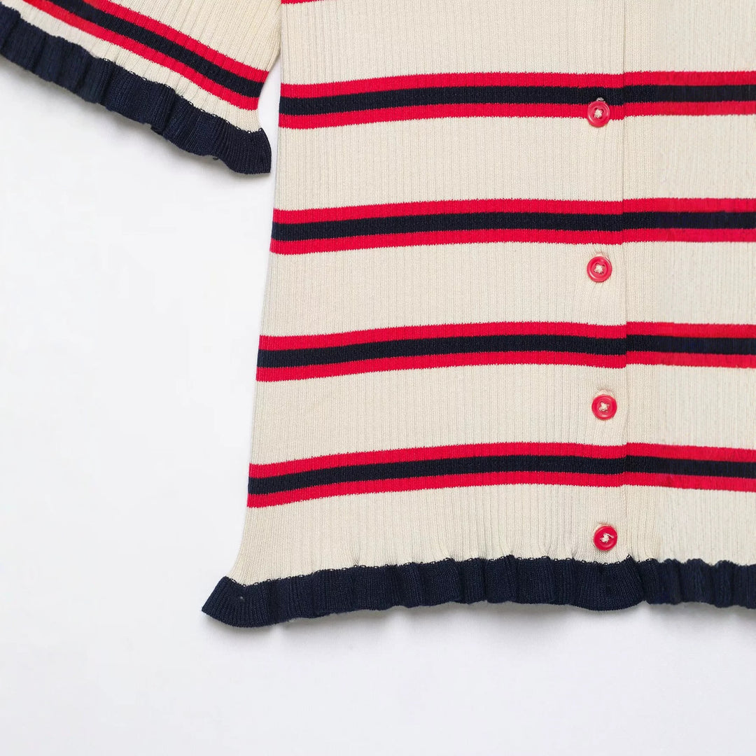Damen Kurzärmelige Feinstrick-Cardigan mit Polokragen und Volantbündchen Nord Taschen