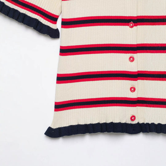 Damen Kurzärmelige Feinstrick-Cardigan mit Polokragen und Volantbündchen Nord Taschen