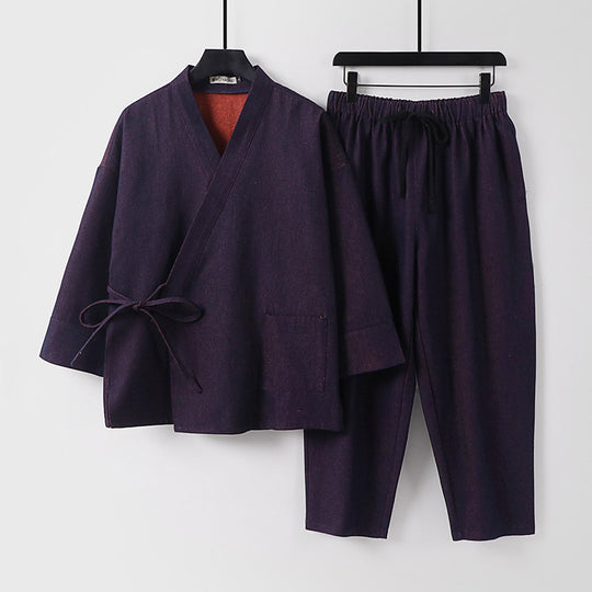 Unisex Lässiges Denim-Kimono-Set mit kurzarm Jacke, Bindeband und elastischer Bundhose Nord Taschen