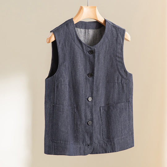 Damen Ärmellose leicht taillierte Weste aus Leinen-Denim mit Knopfleiste und aufgesetzten Taschen Nord Taschen