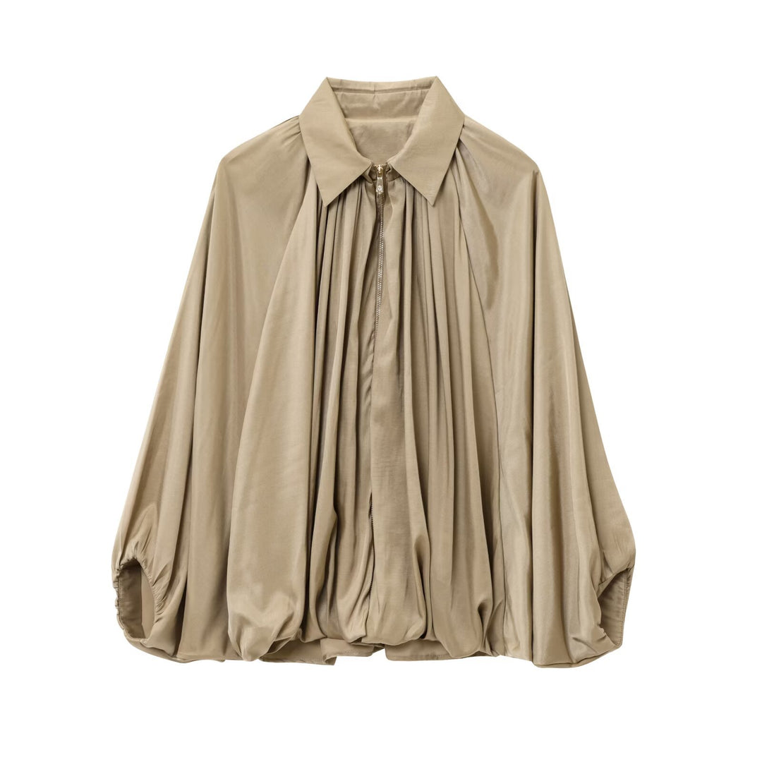 Damen Weite plissierte Cape-Übergangsjacke mit Reißverschluss und ballonförmigem Saum Nord Taschen
