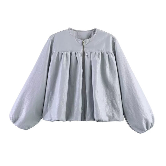 Damen Kurzjacke mit geraffter Passe, Ballonärmeln und Reißverschluss Nord Taschen