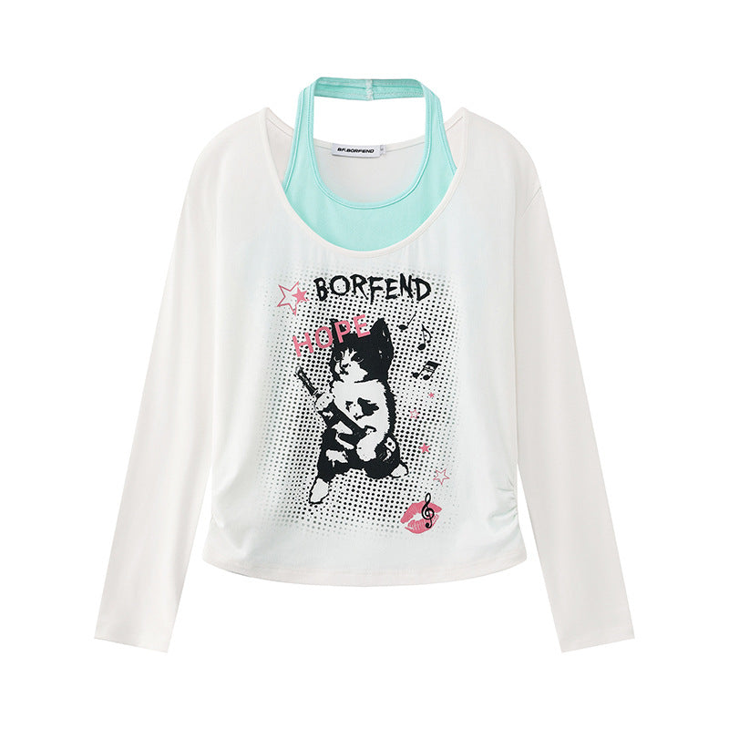Damen Lagen-Langarmshirt mit Racerback-Innenlayer und Cartoon-Katzenprint Nord Taschen