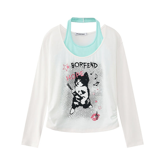 Damen Lagen-Langarmshirt mit Racerback-Innenlayer und Cartoon-Katzenprint Nord Taschen