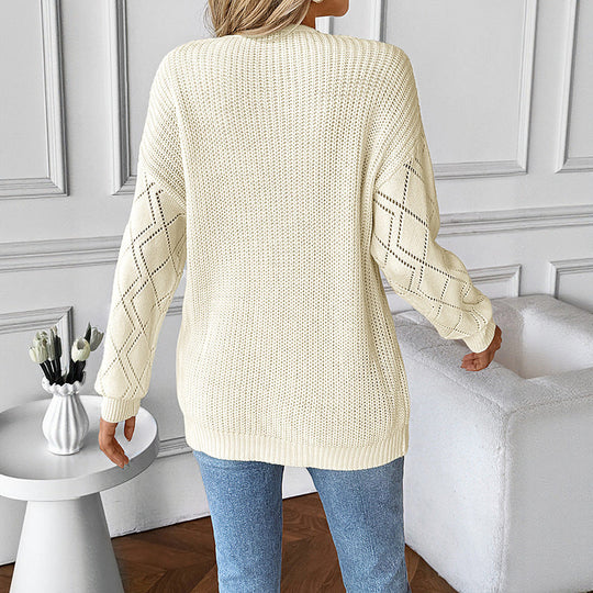 Damen Gestrickter V‑Ausschnitt‑Pullover mit Spitzen‑Einsatz und Ajourärmeln Nord Taschen