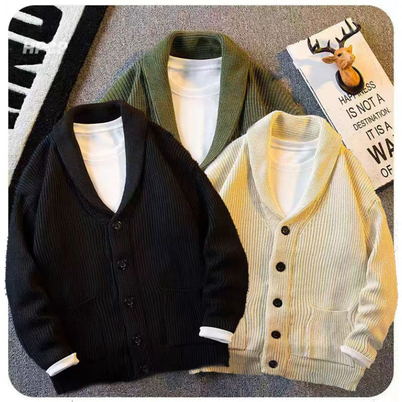 Herren Schalkragen-Cardigan aus grobem Rippstrick mit Taschen & Knopfleiste Nord Taschen