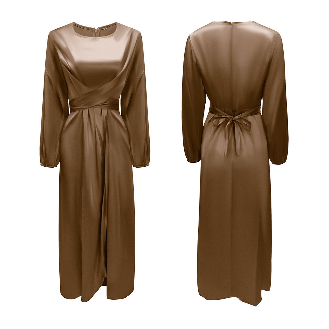 Damen Elegantes Maxikleid aus Satin mit Wickel-Detail, Langarm und Taillenband Nord Taschen