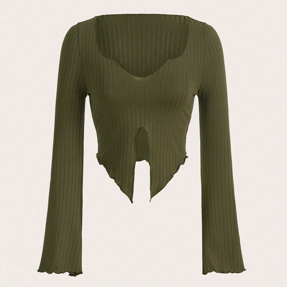 Damen fein geripptes Cropped-Longsleeve mit asymmetrischem Wellensaum und Cut-Out Nord Taschen