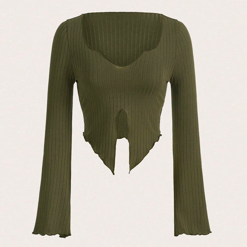 Damen fein geripptes Cropped-Longsleeve mit asymmetrischem Wellensaum und Cut-Out Nord Taschen