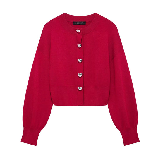 Damen Cropped Strickcardigan mit Ballonärmeln und Herz‑Zierknöpfen Nord Taschen
