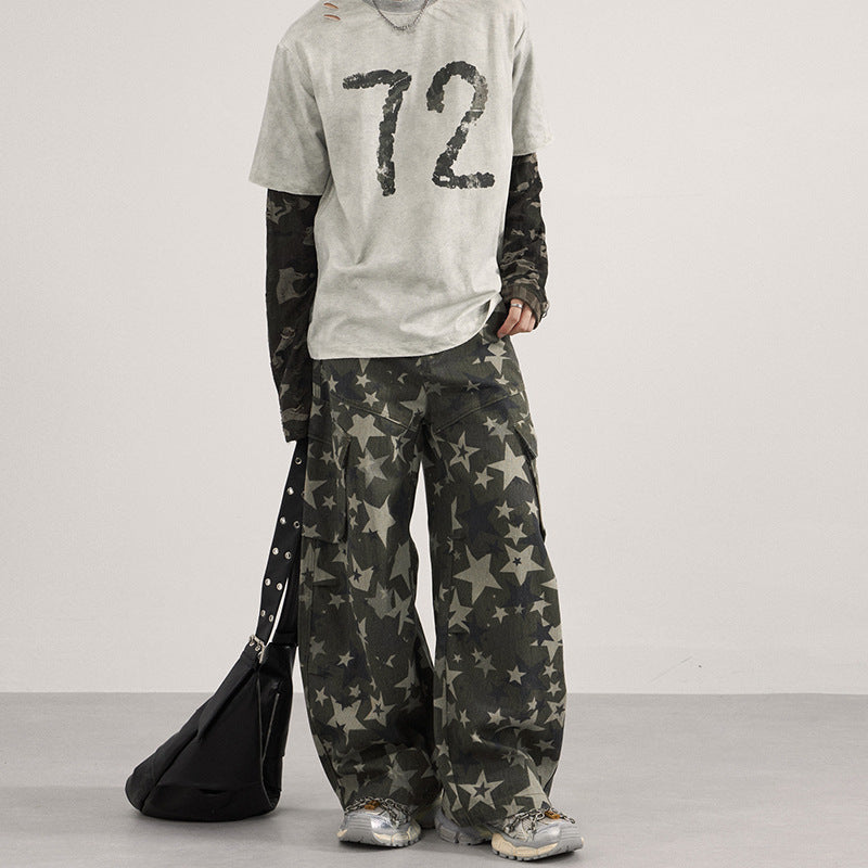 Herren weite Cargo-Palazzo-Hose mit allover Sternen-Print und Utility-Taschen Nord Taschen