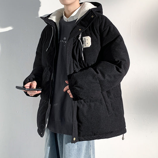Herren Gepolsterte Cord-Steppjacke mit Kapuze, Teddyfleece-Innenfutter und Oversize-Schnitt Nord Taschen